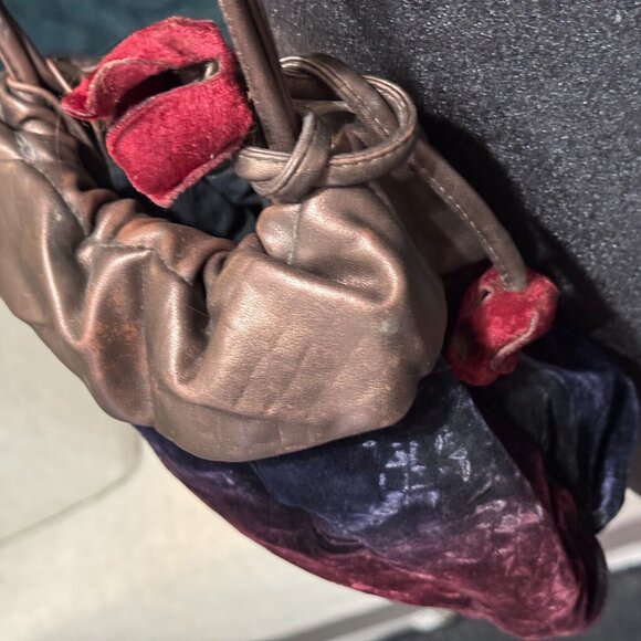 Velvet + Leather Small Drawstring Bucket Bag, Multi-Color with Velvet Flowers - Picture 9 of 15